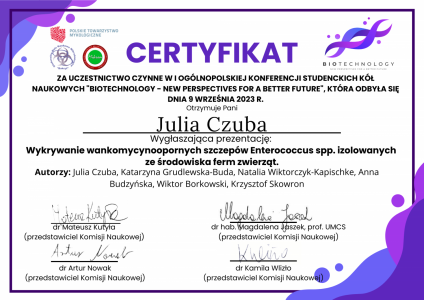 Julia Czuba certyfikat . Kliknij, aby powiększyć zdjęcie.